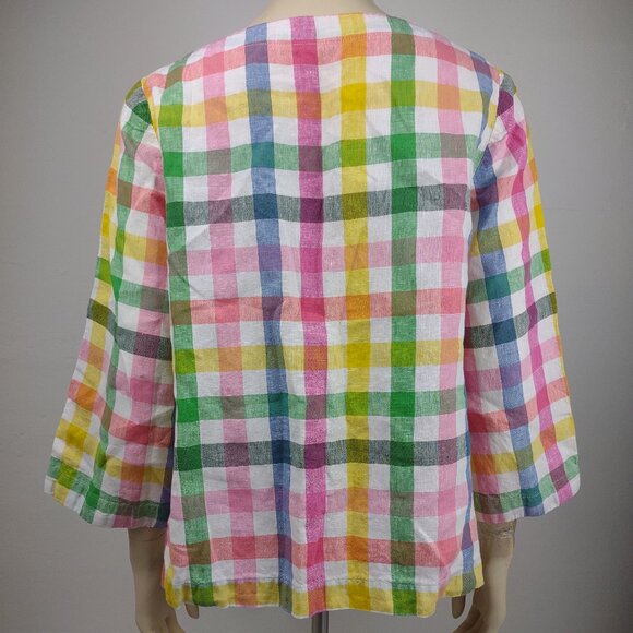 Boden colorful plaid check 100% Linen round neck 3/4 sleeve blouse top ladies 12 - Picture 4 of 7